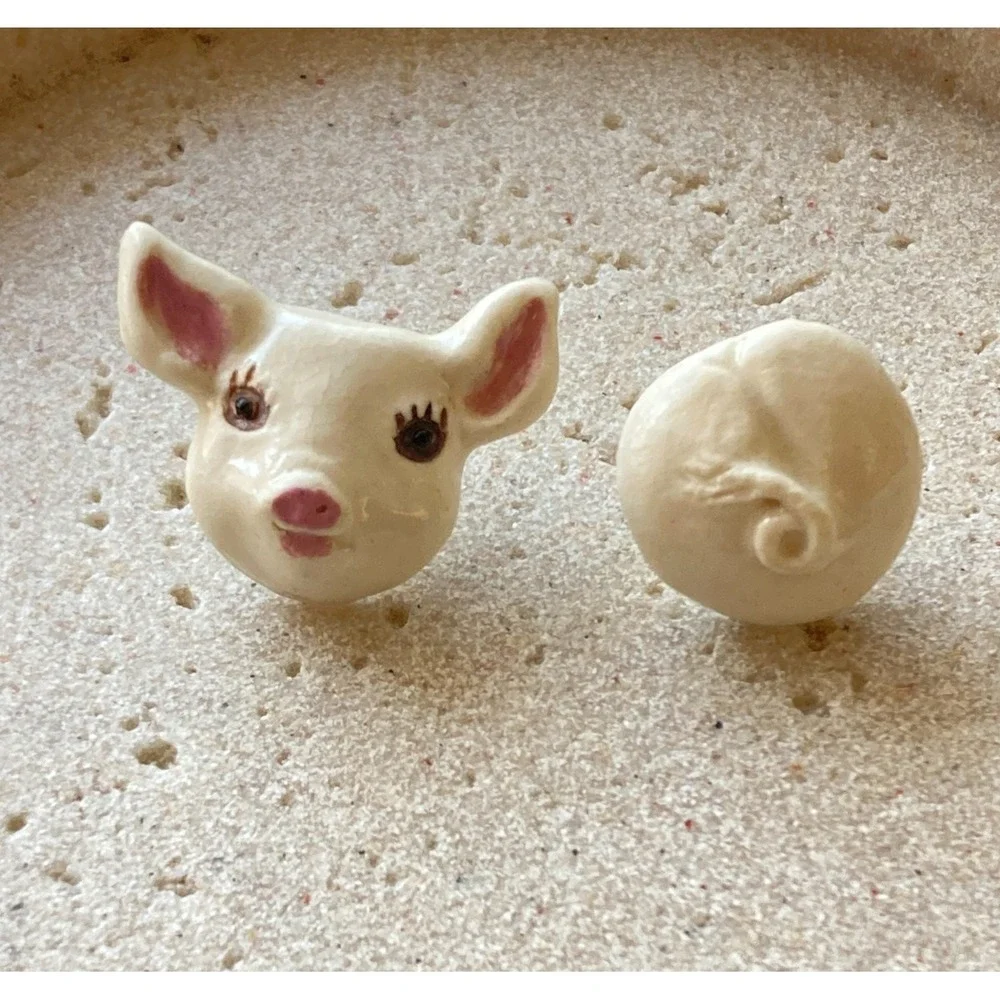 Artisan Pig Face Stud Earrings Hand Painted Novelty Farm Animal Handmade Ceramic